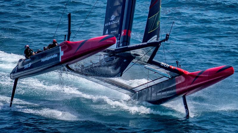 Switzerland SailGP Team helmed by Nathan Outteridge on one hull as they perform a manoeuvre on Race Day 2 of the Apex Group Bermuda Sail Grand Prix photo copyright Bob Martin for SailGP taken at  and featuring the F50 class