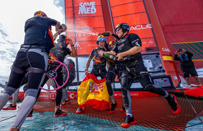 Spain SailGP Team helmed by Diego Botin spray Barons De Rothschild Champagne on board their F50 catamaran as they celebrate winning the Apex Group Bermuda Sail Grand Prix photo copyright Felix Diemer for SailGP taken at  and featuring the F50 class