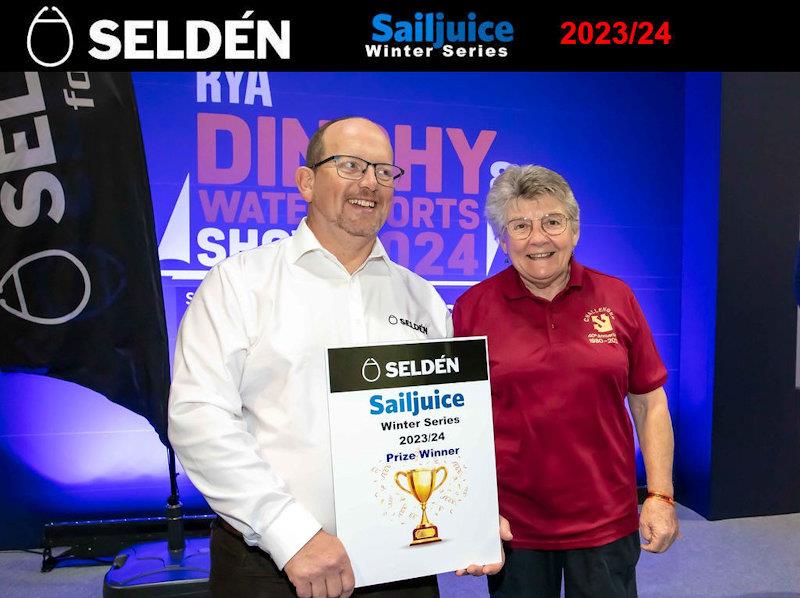 Val Millward wins the Masters fleet - Prizegiving for the Seldén Sailjuice Winter Series 2023/24 photo copyright Tim Olin / www.olinphoto.co.uk taken at RYA Dinghy Show and featuring the Challenger class