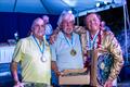 Legends: 2. David Bull, AUS; 3. Charles Rudinsky, USA; 1. Henry Sprague, USA at the 2017 Finn World Masters in Barbados prize giving © Robert Deaves
