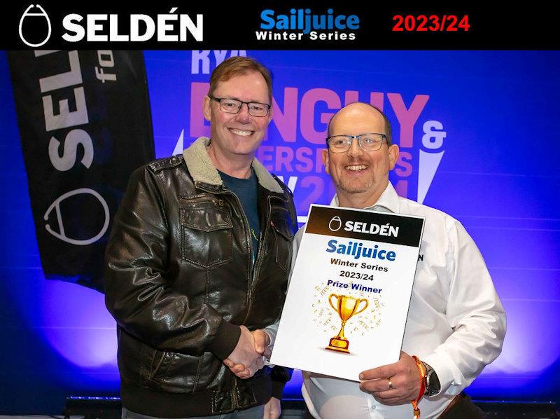 Luke Fisher wins the slow asymmetric fleet - Prizegiving for the Seldén Sailjuice Winter Series 2023/24 photo copyright Tim Olin / www.olinphoto.co.uk taken at RYA Dinghy Show and featuring the RS Vareo class