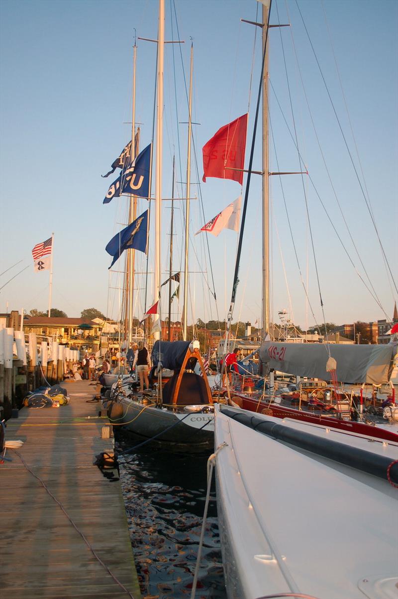 The 12 Metre fleet lining the docks at Bannister's Wharf in Newport, R.I photo copyright SallyAnne Santos taken at Ida Lewis Yacht Club and featuring the 12m class