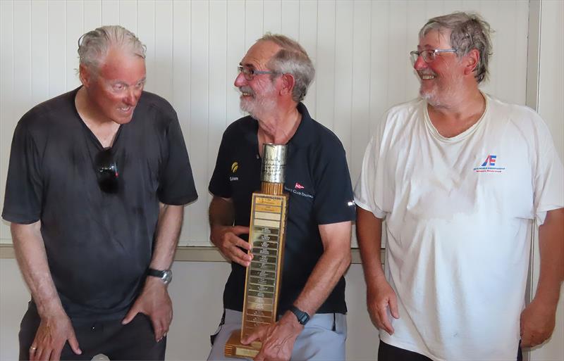 Everyone was a winner but having fun on the podium was Peter Russell first (Centre), John Collingwood second (Left) and Peter Coleman third (Right) photo copyright Christie Arras taken at Gippsland Lakes Yacht Club and featuring the 2.4m class