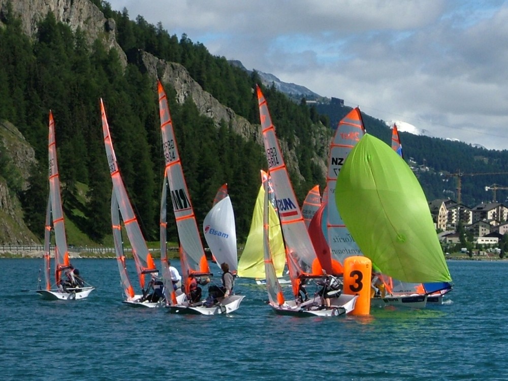 The chasing pack round the leeward mark at the 29er Worlds on Lake Silvaplana photo copyright Mike Jones taken at  and featuring the 29er class