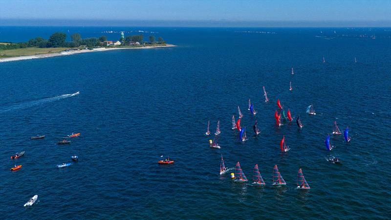 Perfect beautiful sailing conditions for the finish of the 29er Euro Cup regatta at Kiel Week 2024 photo copyright Sascha Klahn taken at Kieler Yacht Club and featuring the 29er class