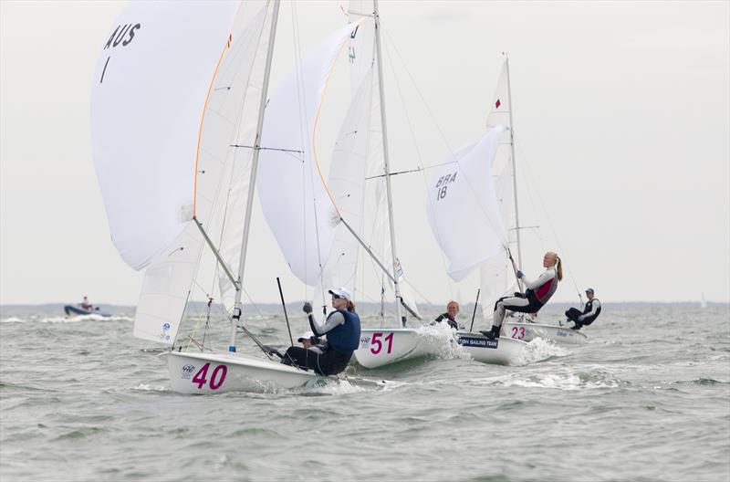 Elise Rechihi/Sarah Cook (AUS) lead over Amy Seabright/Anna Carpenter (GBR) on day 2 of the 470 World Championships - photo © Christophe Breschi / www.breschi-photo-video.com