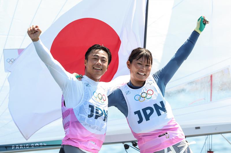 Silver for Keiju Okada and Miho Yoshioka (JPN) in the Mixed Dinghy at Paris2024 on August 8, 2024 in Marseille, France photo copyright World Sailing / Lloyd Images taken at  and featuring the 470 class