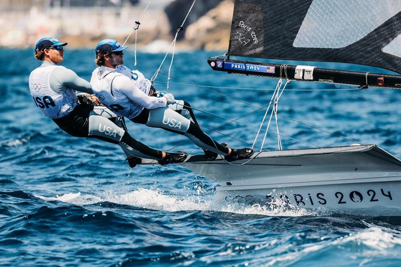 Ian Barrows (St. Thomas, USVI) and Hans Henken (San Francisco, CA) sail in the attempted Men's Skiff medal race before it was abandoned photo copyright Sailing Energy / US Sailing Team taken at  and featuring the 49er class