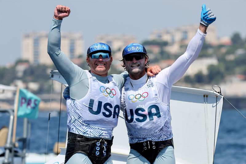 Ian Barrows Hans Henken (USA) celebrate winning bronze in the Men's Skiff - Paris Olympic Sailing in Marseille, France August 2, 2024 photo copyright World Sailing / Sander van der Borch taken at  and featuring the 49er class