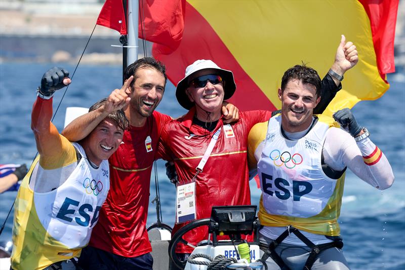 Diego Botin le Chever & Florian Trittel Paul (ESP) celebrate winning gold in the Men's Skiff - Paris Olympic Sailing in Marseille, France August 2, 2024 - photo © World Sailing / Lloyd Images