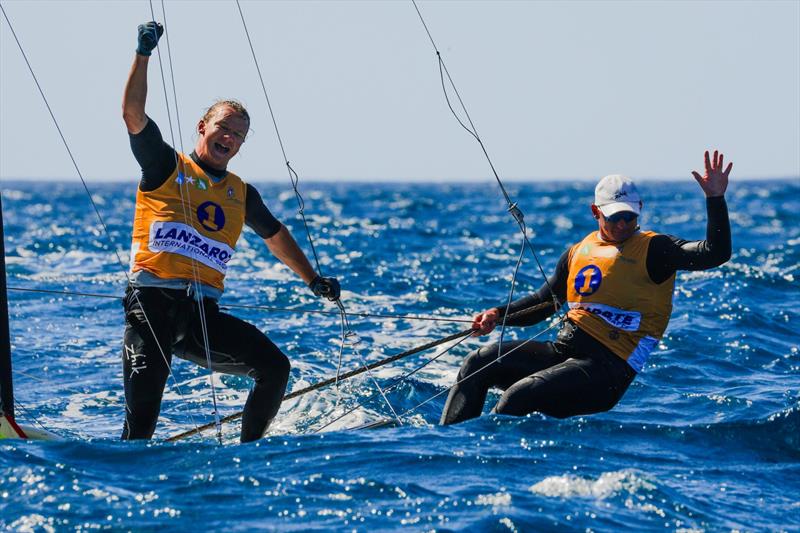 Buksak and Glogowski celebrate 49er victory - photo © Jacobo Bastos / Lanzarote Sailing Center