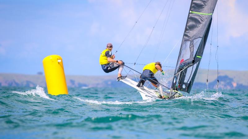 Seb Menzies and George Lee Rush - 49er - Day 3 - Oceanbridge Sail Auckland 2025 - March 2, 2025 photo copyright Jacob Fewtrell Media taken at Torbay Sailing Club and featuring the 49er class