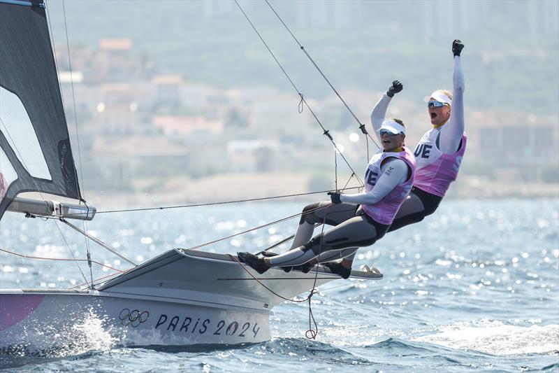 Vilma Bobeck/Rebecca Netzler (SWE) - Medal Race - 49erFX - Womens Skiff - Paris Olympic Sailing in Marseille, France August 2, 2024 photo copyright World Sailing / Jean-Louis Carli taken at  and featuring the 49er FX class