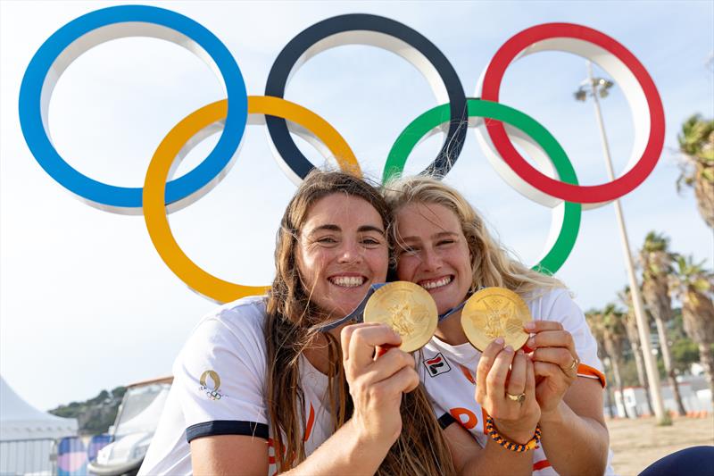 Odile van Aarnhold and Annette Duetz (NED) celebrate their Gold Medal win - Womens Skiff - Paris Olympic Sailing in Marseille, France August 2, 2024 photo copyright World Sailing / Sander van der Borch taken at Yacht Club de France and featuring the 49er FX class