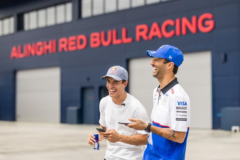 Marc Marquez (L) of Spain and Gresini Racing MotoGP and Daniel Ricciardo (R) of Australia and Visa Cash App RB meet before racing each other in Alinghi Red Bull Racing boats ahead of Spanish F1 weekend in Barcelona, Spain on June 19 - photo © Samo Vidic / Alinghi Red Bull Racing