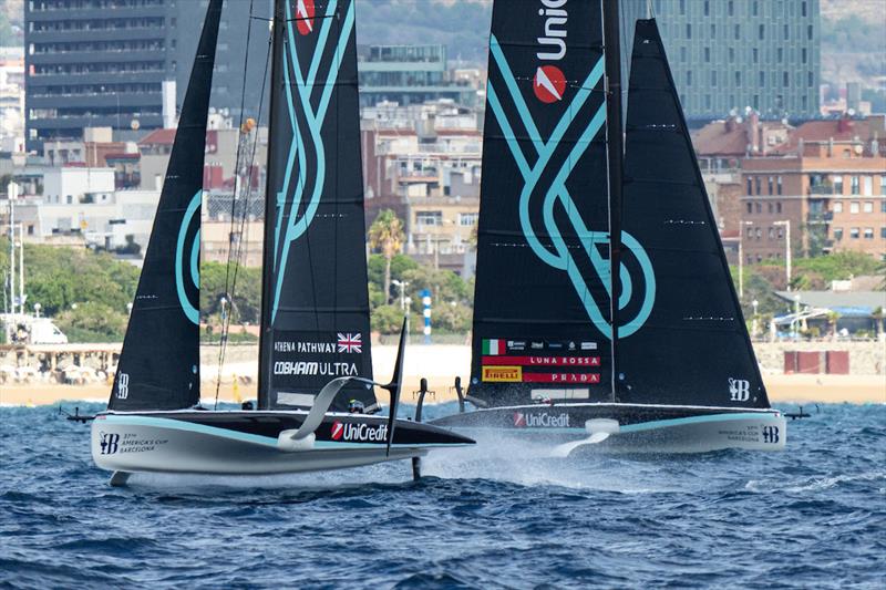 GBR in a close cross with ITA in Race 3 (resulting in a distance penality against the Italian team) - UniCredit Youth America's Cup, Race Day 2 - Group A - photo © Ian Roman / America's Cup