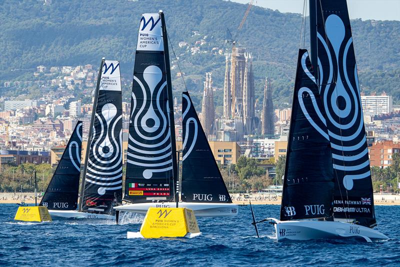 Foiling and flappling at the bottom mark  - Group A - Puig Women's America's Cup -  Group A - October 5, 2024  - photo © Ricardo Pinto / America's Cup