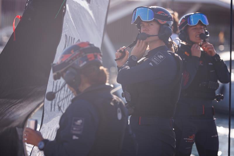 Laurane Mettraux and the Alinghi Red Bull Racing Women's Team at dock out ahead of racing in the PUIG Women's Americas Cup Group stage, Race Day 2 in Barcelona, Spain. 10th October 2024 - photo © Samo Vidic / America's Cup