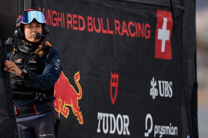 Nathalie Brugger, Alinghi Red Bull Racing Womens Team , waiting for the wind to fill in. PUIG Womens Americas Cup Group stage, Race Day 3 in Barcelona, Spain - photo © Alinghi Red Bull Racing / Samo Vidic