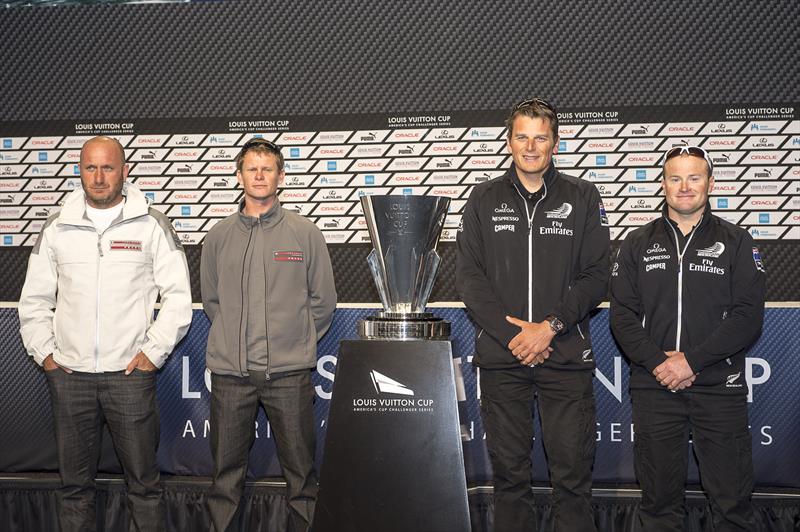 Lunna Rossa head Max Sirenna, helmsman Chris Draper, Emirates Team New Zealand skipper, Dean Barker and wing trimmer Glenn Ashby pose with the Louis Vuitton Cup before the press conference for the finals photo copyright Chris Cameron / ETNZ taken at  and featuring the AC72 class