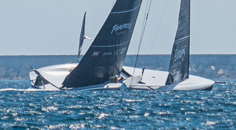 Loose fairing lying against the sidestay - American Magic - AC75 - Day 18 - June 6, 2024 - Barcelona - photo © Ugo Fonolla / America's Cup