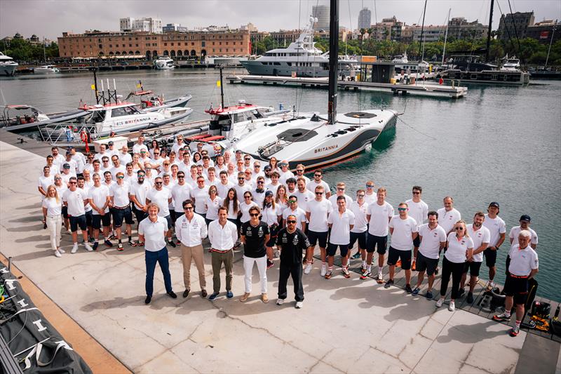 Sir Jim Ratcliffe, Toto Wolff, Sir Ben Ainslie, George Russell and Sir Lewis Hamilton with the INEOS Britannia team in Barcelona - photo © Cameron Gregory