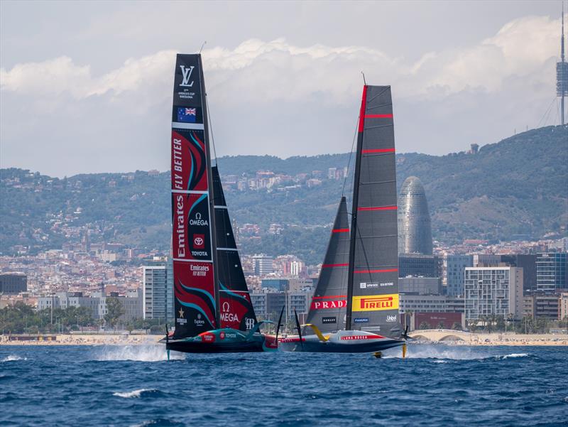 Emirates Team New Zealand cross tacks with Luna Rossa in Barcelona - photo © James Somerset/Emirates Team New Zealand