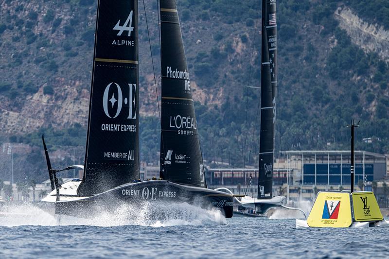 Orient Express and American Magic - AC75  - Practice Session - Barcelona - August 15, 2024 photo copyright Ricardo Pinto / America's Cup taken at Yacht Club de France and featuring the AC75 class