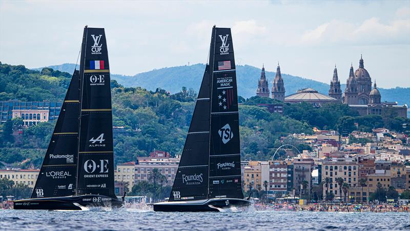 Orient Express Racing Team and New York Yacht Club American Magic during a Practice Session in Barcelona on August 15, 2024 - photo © Ian Roman / America's Cup