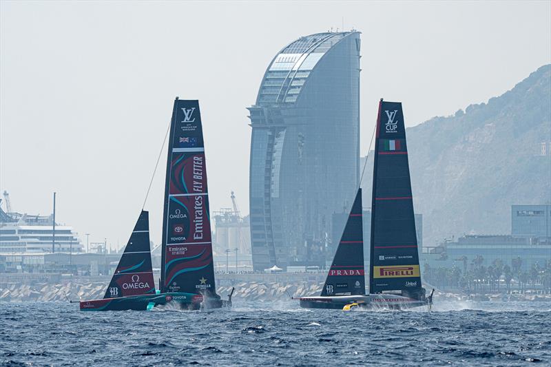 Emirates Team NZ and Luna Rossa Prada Pirelli -  AC75  - Louis Vuitton Preliminary Event - Day 1 - Barcelona - August 22, 2024 - photo © Ian Roman / America's Cup