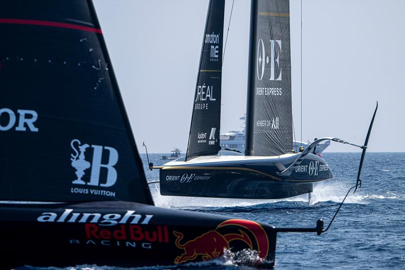 Alinghi Red Bull Racing and Orient Express Racing- AC75  - Louis Vuitton Preliminary Event - Day 2 - Barcelona - August 23, 2024 - photo © Ricardo Pinto / America's Cup