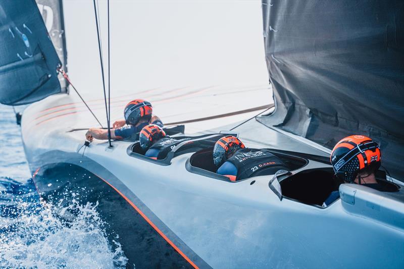 One Trimmer, two Cyclors and one Helm sit on each side of the AC75 - INEOS Britannia on Louis Vuitton Preliminary Regatta Barcelona Day 2 - photo © Cameron Gregory / INEOS Britannia