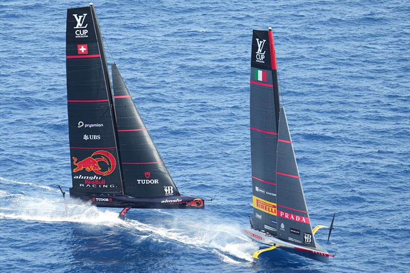 Alinghi Red Bull Racing luff Luna Rossa Prada Pirelli downwind on Louis Vuitton Preliminary Regatta Barcelona Day 4 - August 25th 2024 - photo © Ian Roman / America's Cup