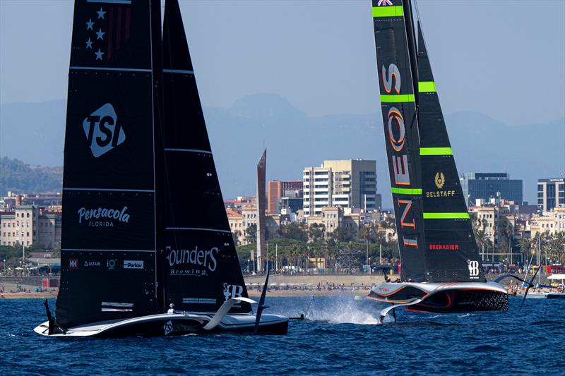 New York Yacht Club American Magic wallow in the pre-start vs. INEOS Britannia on Louis Vuitton Cup Round Robin 1 Day 1 photo copyright Ian Roman / America's Cup taken at  and featuring the AC75 class