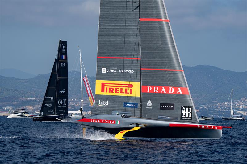 Luna Rossa Prada Pirelli vs. Orient Express Racing Team on Louis Vuitton Cup Round Robin 1 Day 1 photo copyright Ian Roman / America's Cup taken at  and featuring the AC75 class