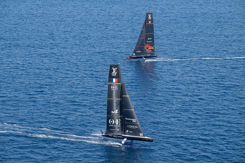 Orient Express leads Alinghi Red Bull Racing - Louis Vuitton Cup - Day 1 - Barcelona - August 29, 2024 - photo © Ricardo Pinto / America's Cup