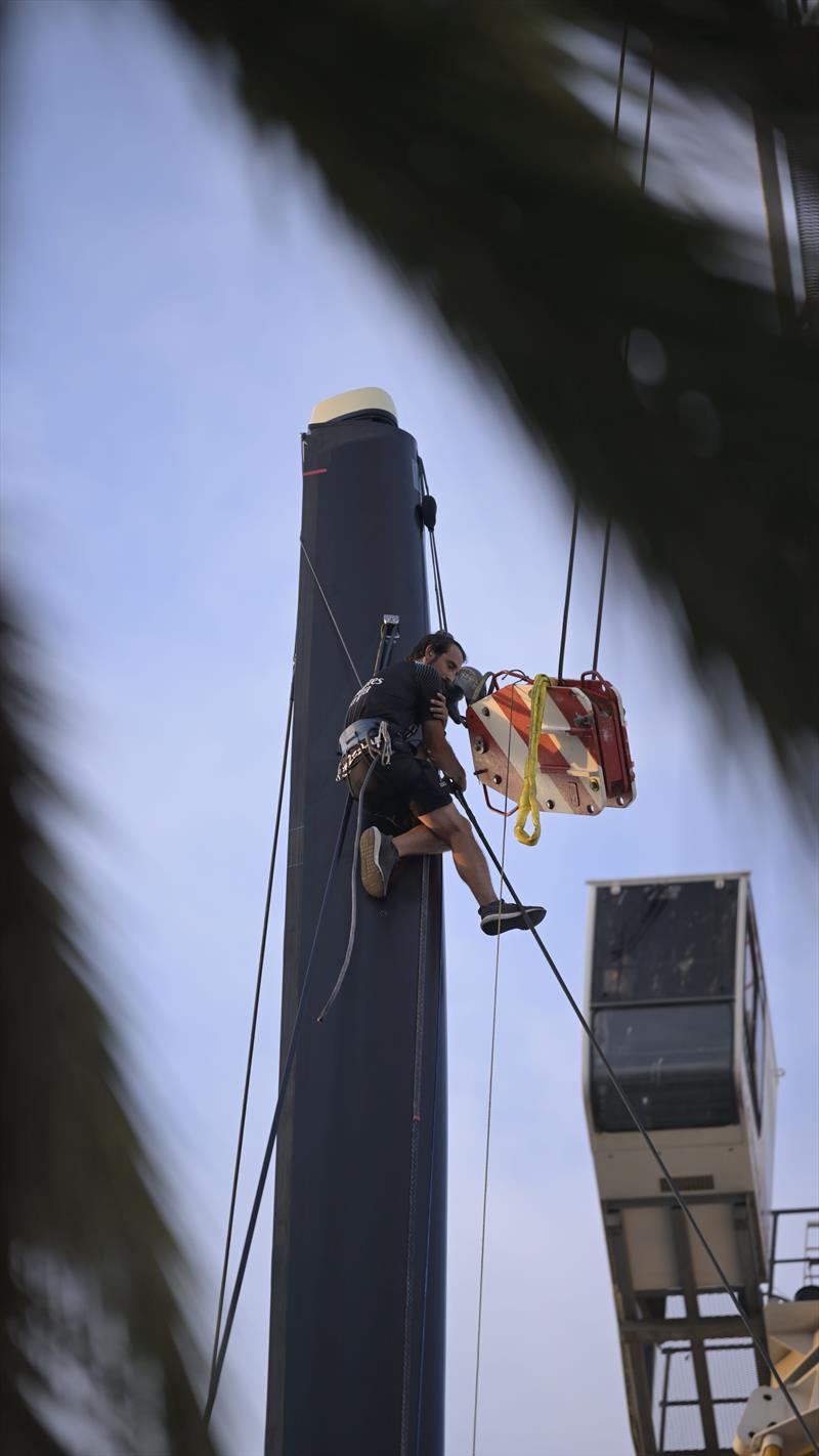 The Emirates Team New Zealand AC75 is damaged when the crane fails as they take it out of the water photo copyright David Maynard / www.alleycatphotographer.com taken at  and featuring the AC75 class