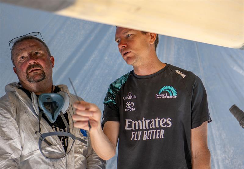 The Emirates Team New Zealand design and shore crews repair the damaged AC75 ‘Taihoro' photo copyright James Somerset / Emirates Team New Zealand taken at  and featuring the AC75 class