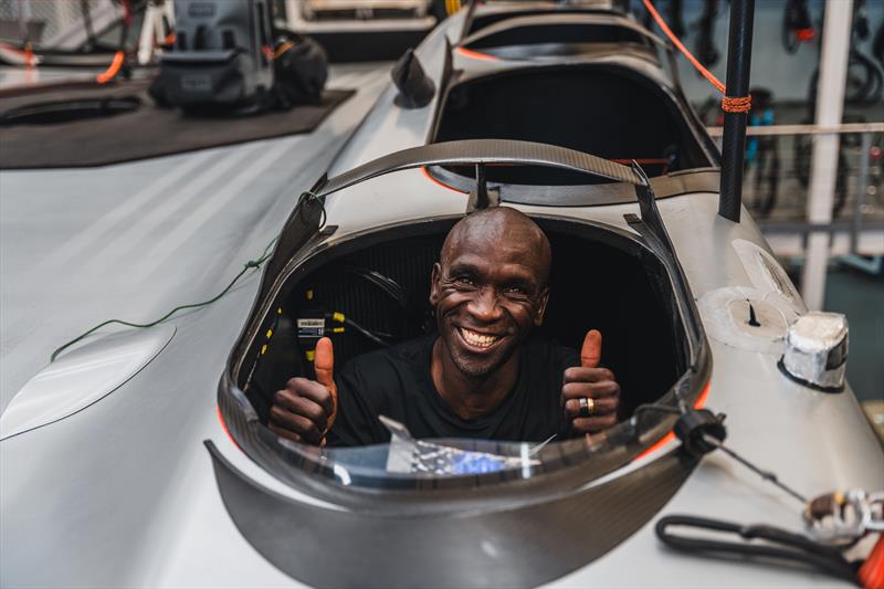 Kipchoge had a tour of the team's base, tried out the simulator and sat in the cockpit of their AC75 race boat, Britannia - photo © Cameron Gregory / INEOS Britannia