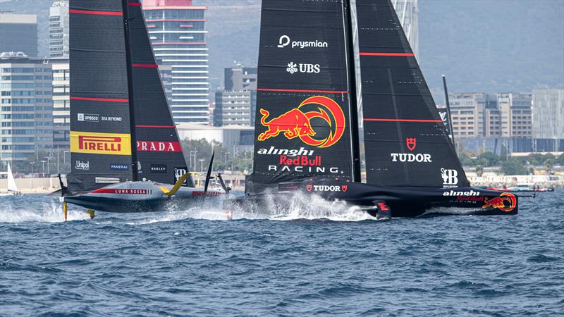 Luna Rossa and Alinghi Red Bull Racing - Race 14 - Day 4 - Round Robin 2 - Louis Vuitton Cup - September 1, 2024 - Barcelona photo copyright Ian Roman / America's Cup taken at Real Club Nautico de Barcelona and featuring the AC75 class