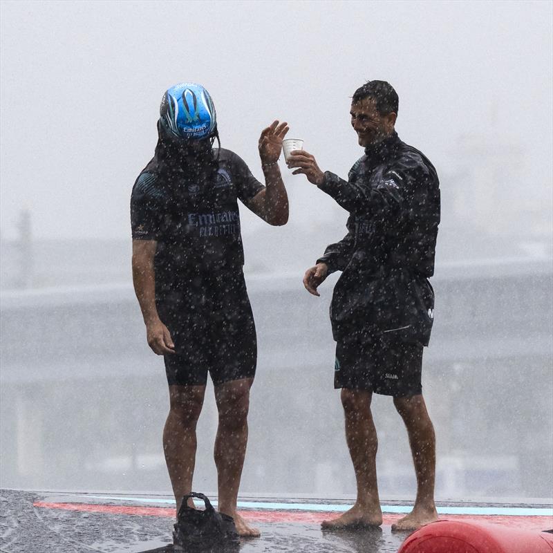 Emirates Team New Zealand in the rain on Louis Vuitton Cup Round Robin Day 8 - 8th September 2024 - photo © David Maynard / www.alleycatphotographer.com