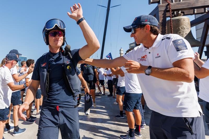 Nicolas Rolaz and Silvio Arrivabene during dock in after Alinghi Red Bull Racing progress to the Louis Vuitton Cup Semi-Finals on Louis Vuitton Cup Round Robin Day 9 - 9th September 2024 - photo © Alinghi Red Bull Racing / Oriol Castello