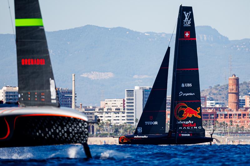 Alinghi Red Bull Racing BoatOne and INEOS Britannia compete during the Day 1 Semi-Finals race of the Louis Vuitton Cup in Barcelona, Spain on September 14 - photo © Alinghi Red Bull Racing / Samo Vidic