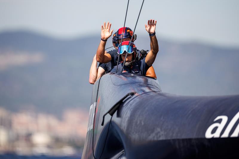 Arnaud Psarofaghis and Nico Stahlberg celebrate beating INEOS Britannia in a super light wind race. Louis Vuitton Cup Semi Finals day 3 in Barcelona, Spain - photo © Alinghi Red Bull Racing / Samo Vidic