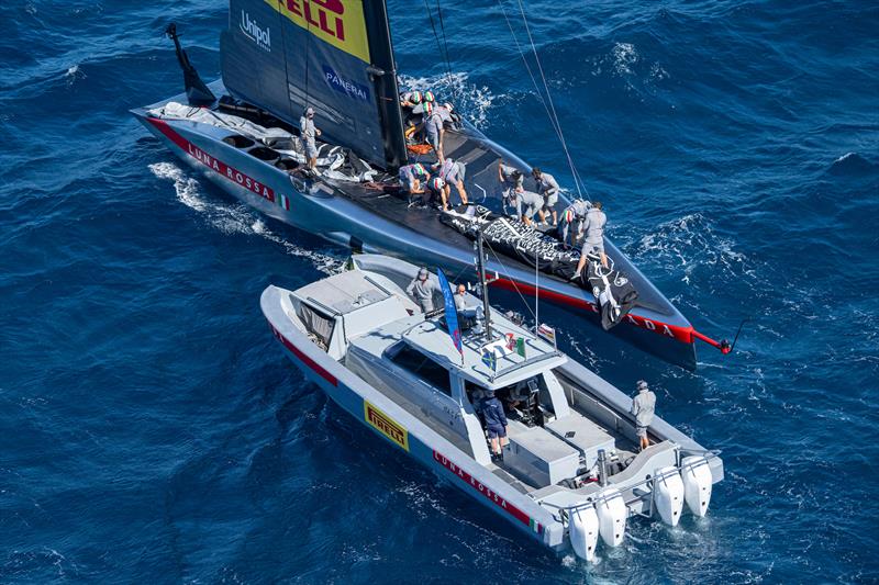 Luna Rossa Prada Pirelli change their mainsail due to broken battens on Louis Vuitton Cup Final Day 3 - September 29, 2024 - photo © Ricardo Pinto / America's Cup