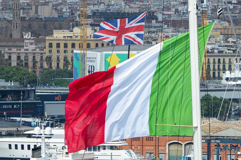 Luna Rossa Prada Pirelli and INEOS Britannia base flags - Louis Vuitton Cup -  Final  - Race Day 6 - October 2, 2024  - photo © Ian Roman / America's Cup