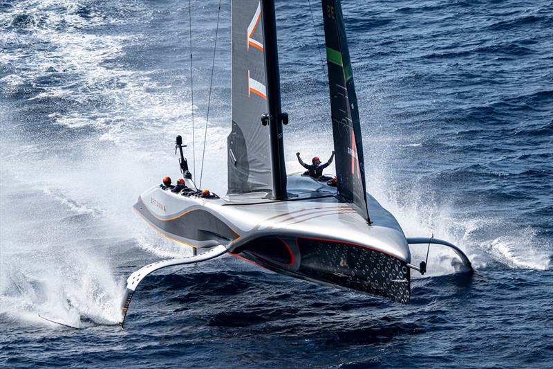 Cyclor David 'Freddie' Carr cheers as INEOS Britannia crosses the finish line to win the Louis Vuitton Cup - photo © Ricardo Pinto / America's Cup