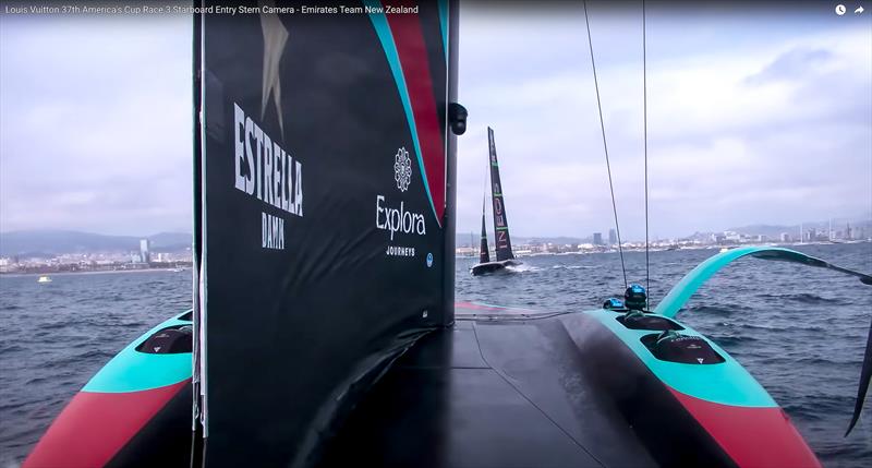 INEOS Britannia comes into view across the bows of Emirates Team NZ - seconds later both were in rapid gybing turns. - Race 3 America's Cup - October 13, 2024 - photo © America's Cup