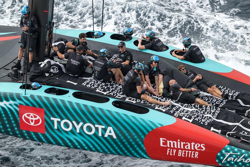 Emirates Team NZ relax on the tow home - Louis Vuitton 37th America's Cup, Race Day 3 - October 14, .2024 - photo © Ricardo Pinto / America's Cup