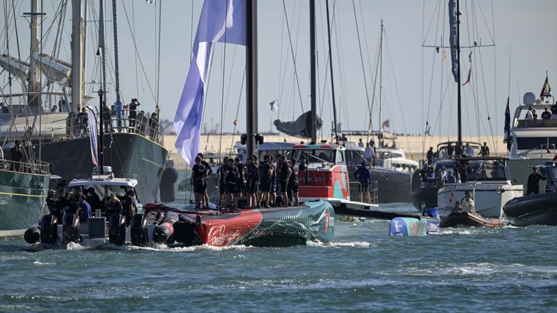 Emirates Team New Zealand, entering the Port of Barcelona after winning the Louis Vuitton 37th America's Cup - photo © David Maynard / www.alleycatphotographer.com